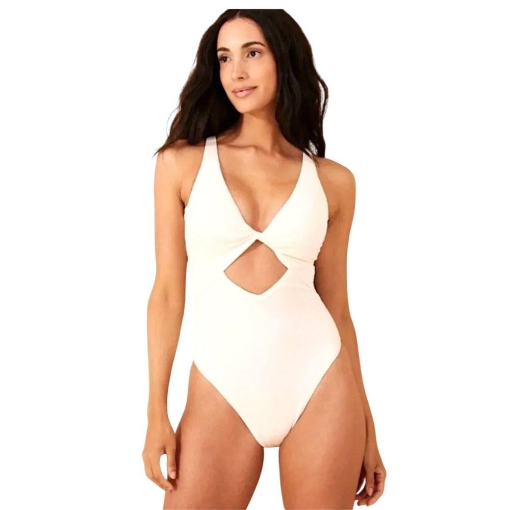 Shade & Shore Women's Twist-Front High Leg Cheeky One Piece White Sz M NWT
